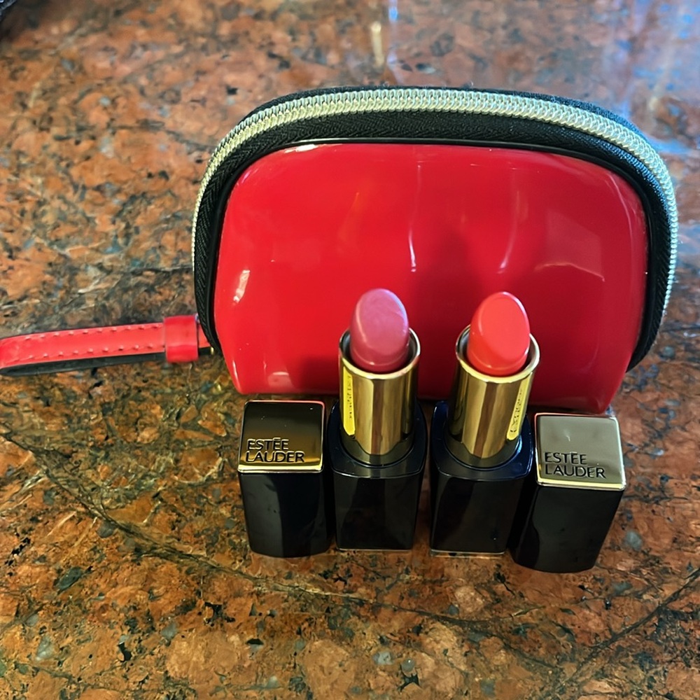Estée Lauder Red Cosmetic Pouch with 2 Lipsticks